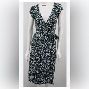 Diane Von Furstenberg Teal and Black Leaf Print Dress